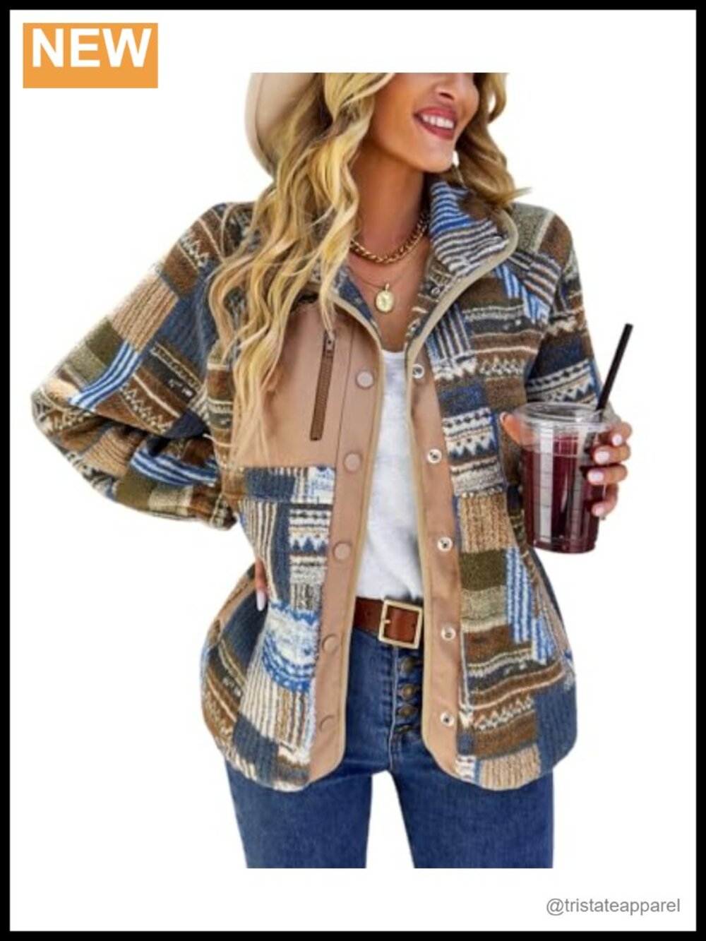 Women's Warm Fleece Aztec Print Fuzzy Button Down Jacket Lightweight Fluffy Coat